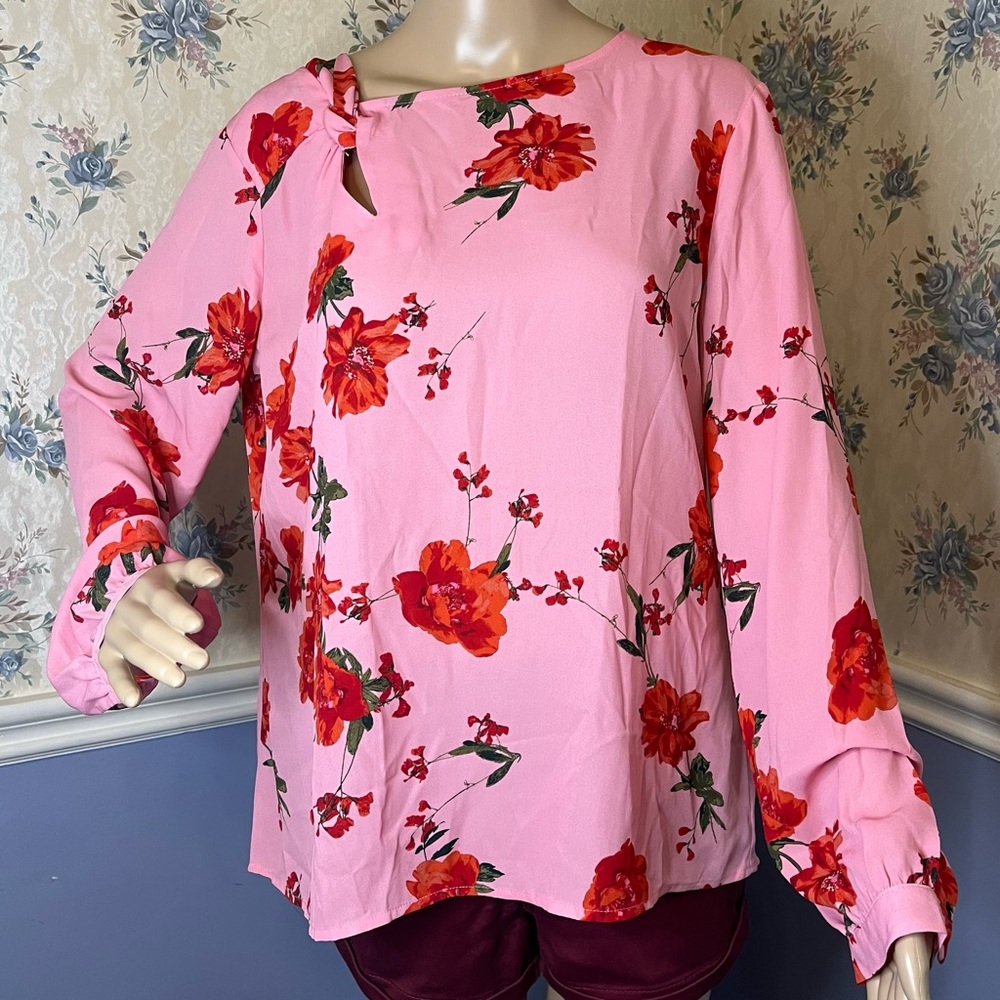 Worthington Pink Red Floral Long Sleeve Blouse, Size M, NWT